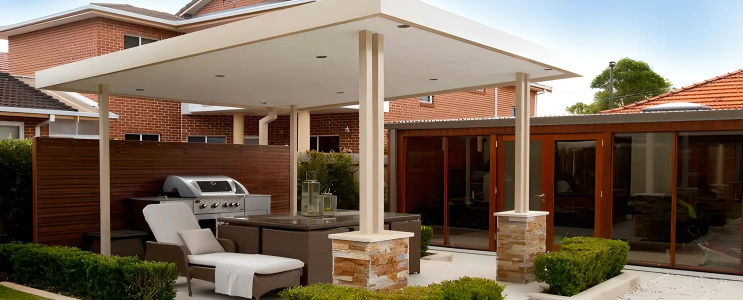 Completed freestanding insulated roofing panel patio